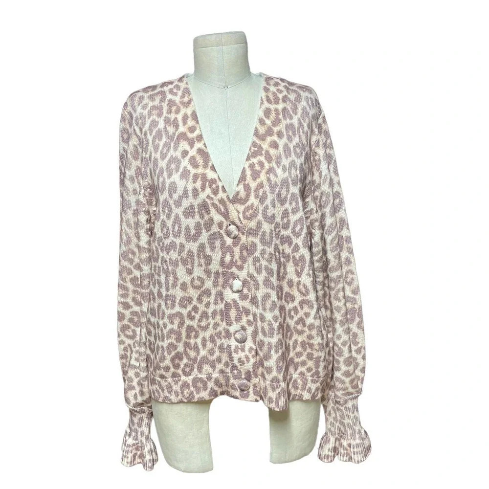 LoveShackFancy Boscom Cardigan Sweater Taupe Skies Leopard Print Size Medium